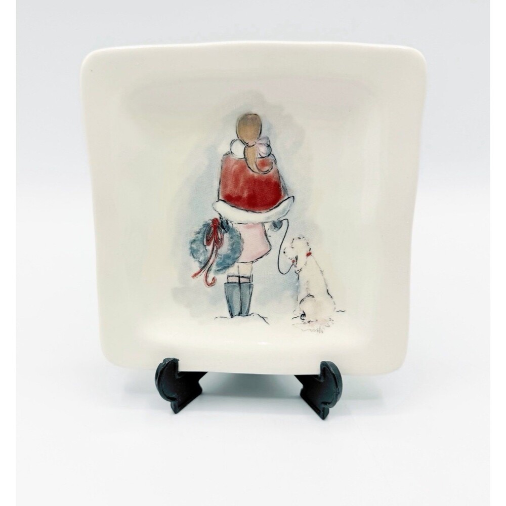 Jenny Parkhurst Christmas Trinket Dish Lady w/ White Dog Holiday Girl Wreath
